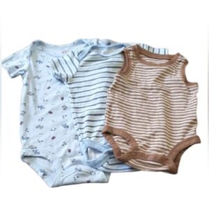 Baby Boy Bodysuits Set of Three Blue Brown Stripes Puppy Print 3 6M